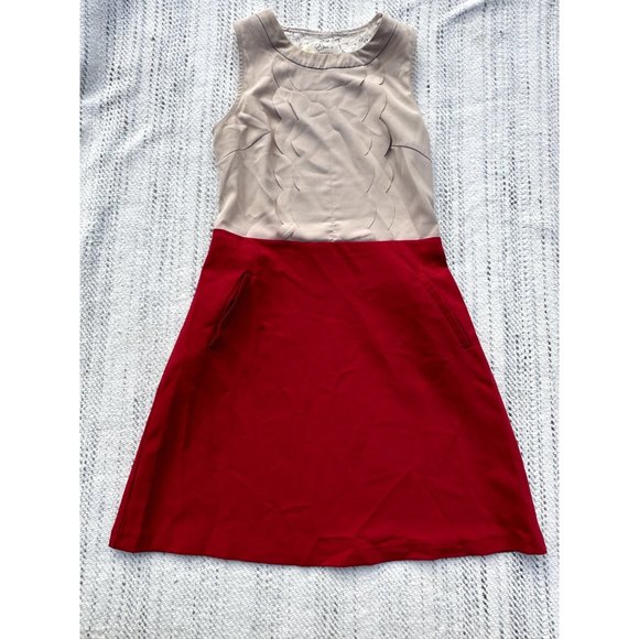 Ezra Womens Small Red Dress Sleeveless Lace Floral Back Laser Cut Beige Front - Picture 6 of 11